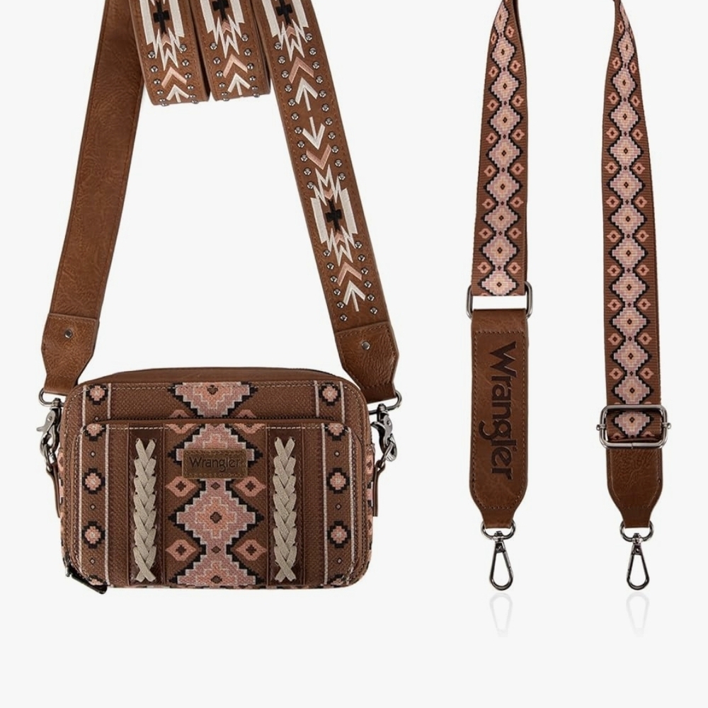 Wrangler Brown & Pink Embroidered Crossbody Bag with Adjustable Strap